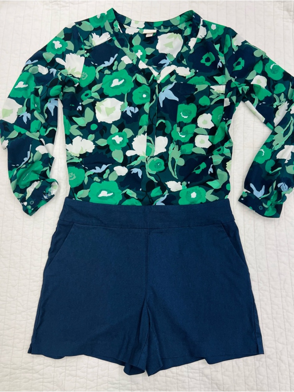 Green & Navy Floral Blouse with Navy Shorts- size medium